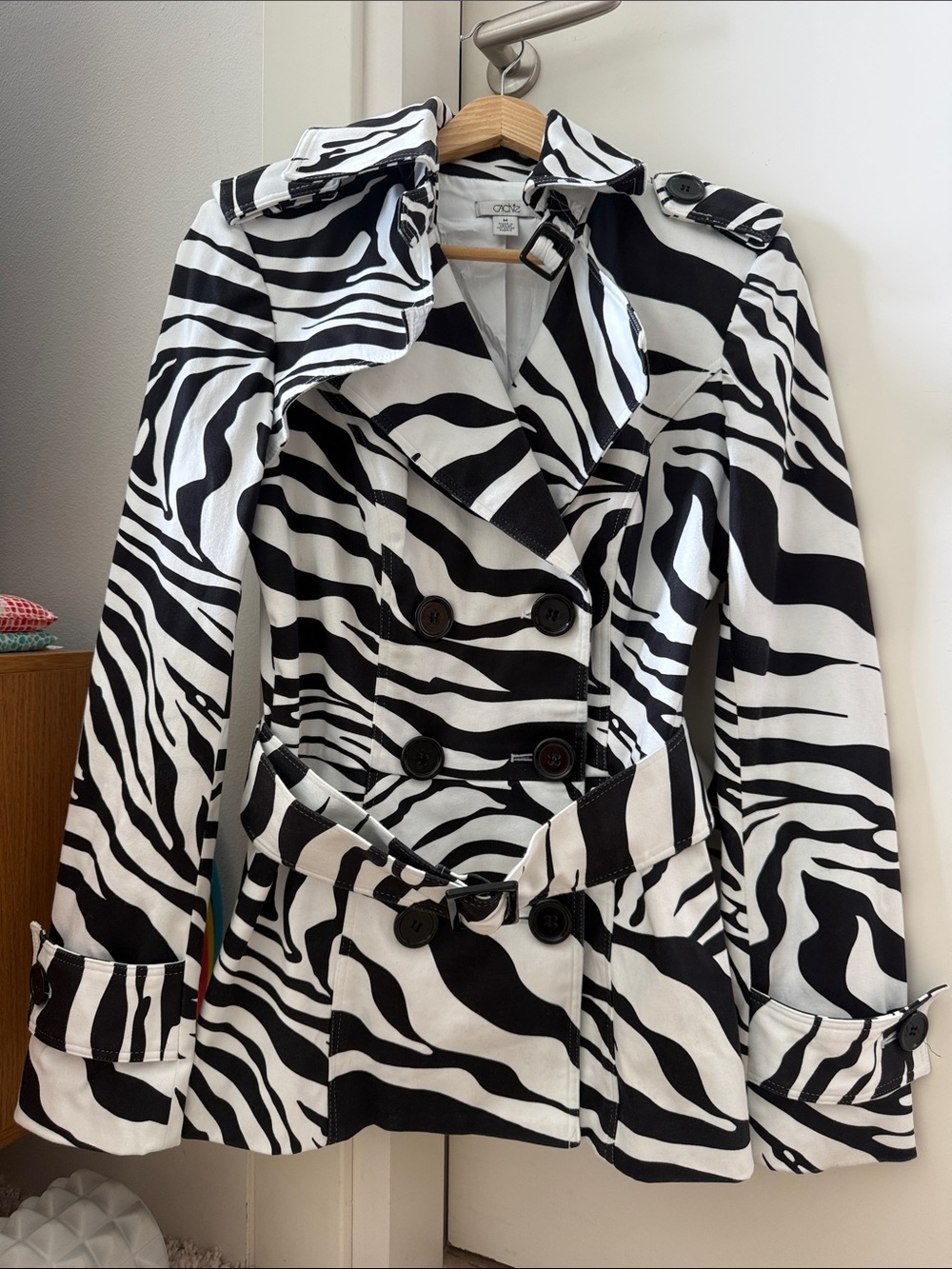 Cache Black and White Zebra Print Trench Coat